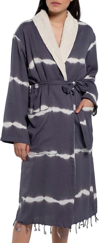 Gevoerde Tie Dye Badjas Dark Grey - XS - badjas met sjaalkraag - extra zachte badjas - luxe badstof badjas - ochtendjas - sauna badjas - middellang