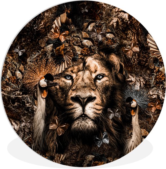 Wandcirkel - Muurcirkel Binnen - Leeuw - Luxe - Dieren - Vlinders - Vogels - Natuur - 60x60 cm - Slaapkamer - Decoratie - Accessoires - Wanddecoratie - Ronde Schilderijen - Kamer Decoratie Aesthetic