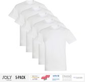 5 Pack Sol's Heren T-Shirt 100% biologisch katoen Ronde hals wit Maat S
