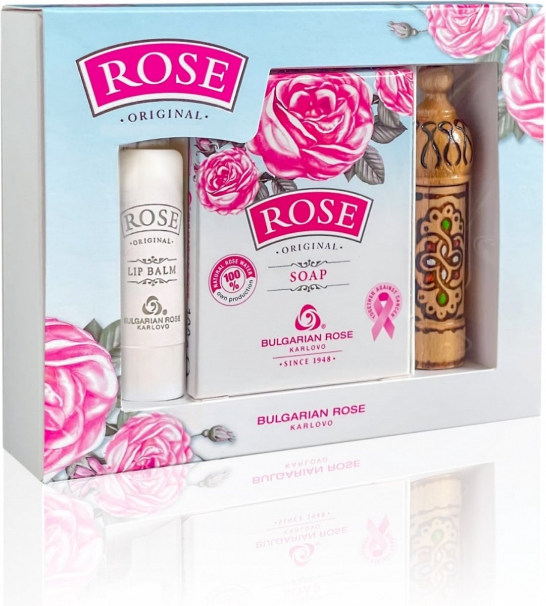 Rose Original Mini gift set | Cadeauset - Lippenbalsem + Handzeep + Parfumessence | Rozen cosmetica met 100% natuurlijke Bulgaarse rozenolie en rozenwater | Moederdag cadeau