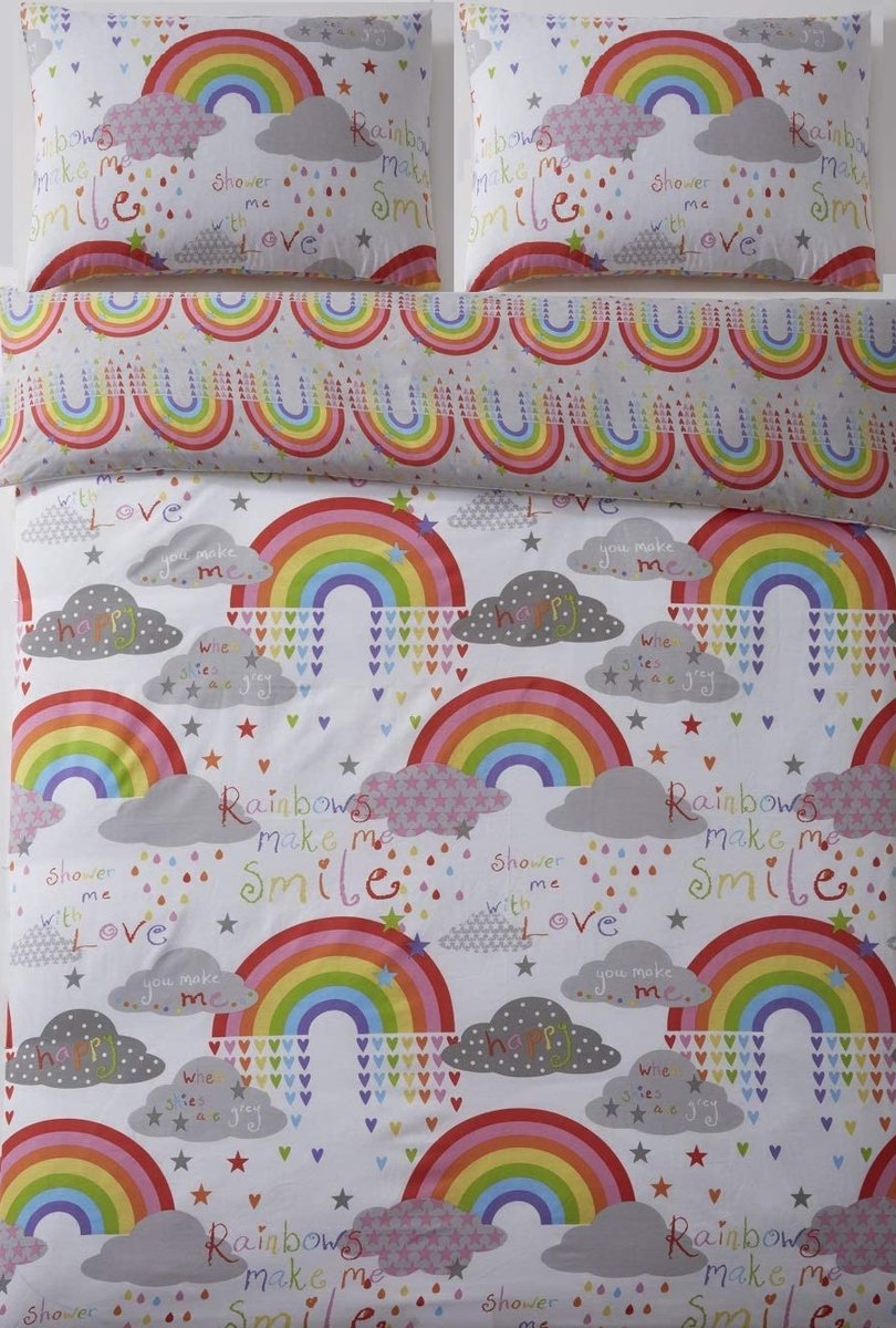 Regenboog dekbedovertrek - Rainbow - Wolken - Hartjes - Sterren - tweepersoons met 2 kussenslopen