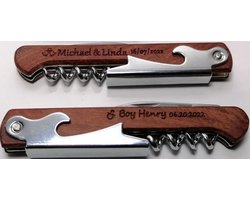 Wijnopener - kurkentrekker - kelnermes - RVS - gepersonaliseerd -hout