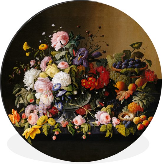 WallCircle - Wandcirkel - Muurcirkel - Stilleven met bloemen en fruit - Kunstwerk - Oude meesters - Aluminium - Dibond - ⌀ 90 cm - Binnen en Buiten