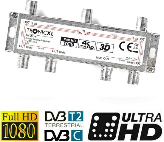 TronicXL Repartiteur d'antenne coaxial 6 voies 4 K de qualite superieure - Repartiteur souple