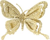 1x stuks decoratie vlinders op clip glitter goud 14 cm - Bruiloftversiering/kerstversiering decoratievlinders