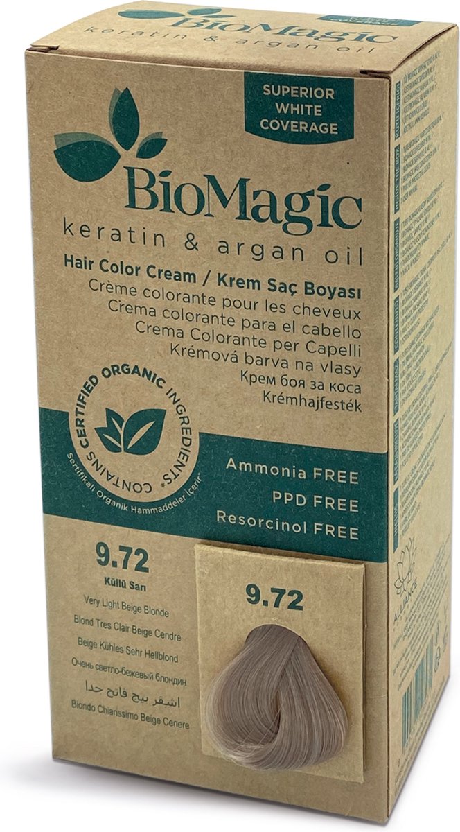 Natuurlijke haarverf KIT met Biologische Ingrediënten ook verkrijgbaar in Apotheken - ZEER LICHT BEIGE BLOND 9/72 BioMagic