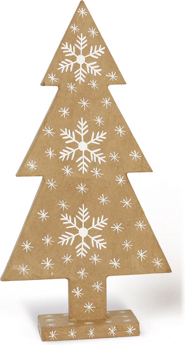 Hetty'S - Houten Kerstboompje - Bruin met sneeuwvlokken - Maat 35 cm hoog - Met gratis sleetje -