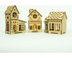 Houten Kerstdorp • Set 1 - Kersthuis Nr.1, 8 & 10 • Bouwpakket • Bouw je eigen Kerstdorp