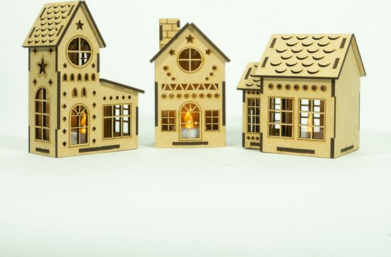 Houten Kerstdorp • Set 1 - Kersthuis Nr.1, 8 & 10 • Bouwpakket • Bouw je eigen Kerstdorp