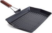 Zwarte grillpan/braadschaal 38 x 45 cm met anti-aanbak laag en houten handvat - Grillpannen - Koken - Vlees/voedsel grillen