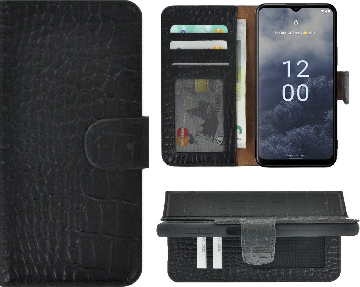 MoDo hoesje Geschikt voor Nokia G60 - Echt Leer Book Case - Croco Zwart