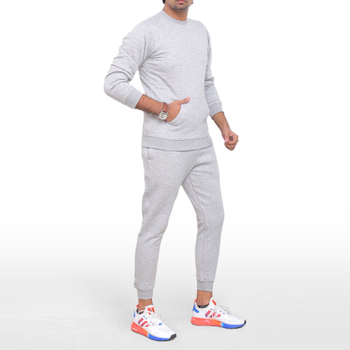 ICONICX Mens Plain Tracksuit Fleece Pullover Sweatshirt with Trousers Cotton Jogging Suit Exercise, Fitness, Boxing MMA, Grey