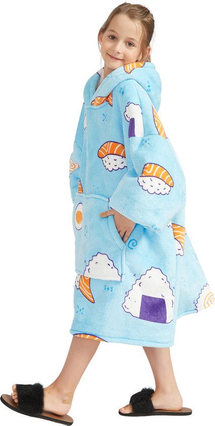 sushi hoodie deken kinderen - fleece deken met mouwen - ultrazachte binnenkant - snuggie - one size fits all - kids - energie besparen