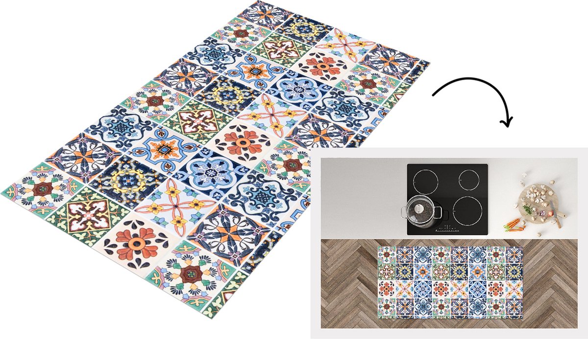 KitchenYeah Keukenloper - Loper keuken - Design - Bloemen - Oranje - Blauw - Abstract - 120x60 cm - Keukenloper vinyl Multicolor