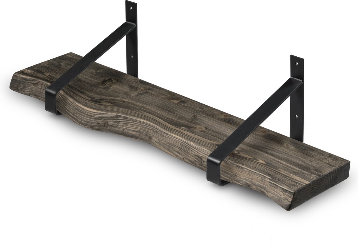 Wandplank Hout 160x20 cm Smoke incl. Zwarte Stalen Plankdragers - Boomstam Muurplank – Boekenplank - Wandrek