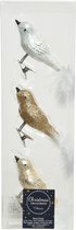 3x stuks glazen decoratie vogels op clip champagne/wit/bruin 8 cm - Decoratievogeltjes - Kerstboomversiering