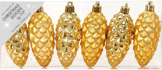 Foto: 6x stuks kunststof kersthangers dennenappels goud 9 cm kerstornamenten kunststof ornamenten kerstversiering