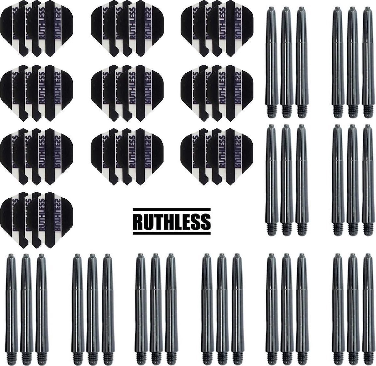 10 Sets Ruthless Flights Zwart – plus 10 sets dart shafts – extra short