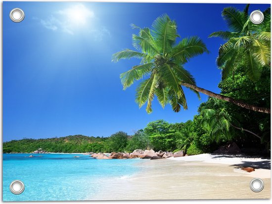 WallClassics - Poster de jardin - Plage avec soleil et Palmiers - 40 x 30 cm Photo sur poster de jardin (décoration murale pour extérieur et intérieur)