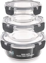 Igluu Meal Prep - Set van 3 Stapelbare Ronde Glazen Containers - Lunch Box voor Voedsel Opslag, Vriezer, Magnetron, Oven & Vaatwasserbestendig, BPA Vrij - Luchtdichte SnapLock Deksels (Verschillende Groottes)
