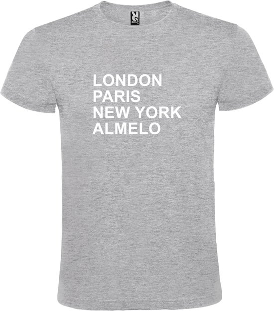 Grijs T-shirt 'LONDON, PARIS, NEW YORK, ALMELO' Wit Maat S