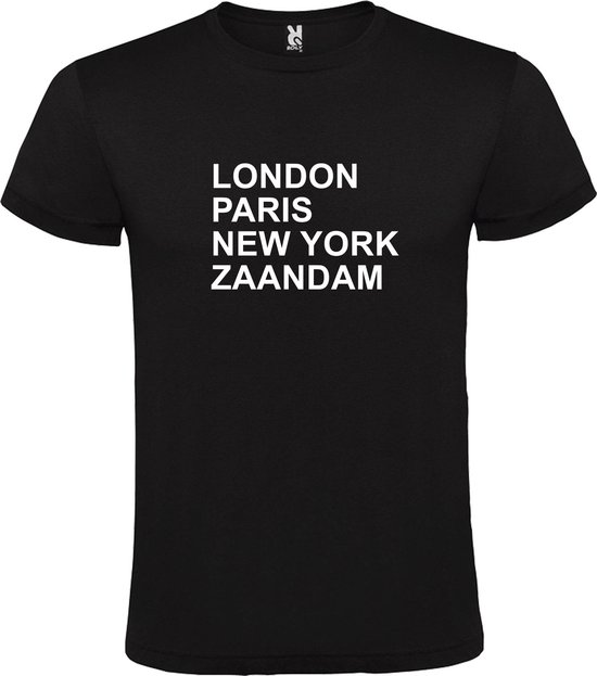 Zwart T-shirt 'LONDON, PARIS, NEW YORK, ZAANDAM' Wit Maat 5XL