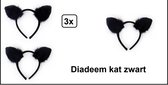 3x Diadeem kat met plushe zwart - Hoofddeksel carnaval thema feest festival party fun