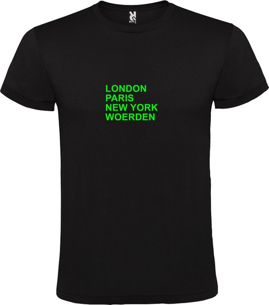 Zwart T-shirt 'LONDON, PARIS, NEW YORK, WOERDEN' Groen Maat 4XL
