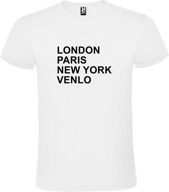 Wit T-shirt 'LONDON, PARIS, NEW YORK, VENLO' Zwart Maat M
