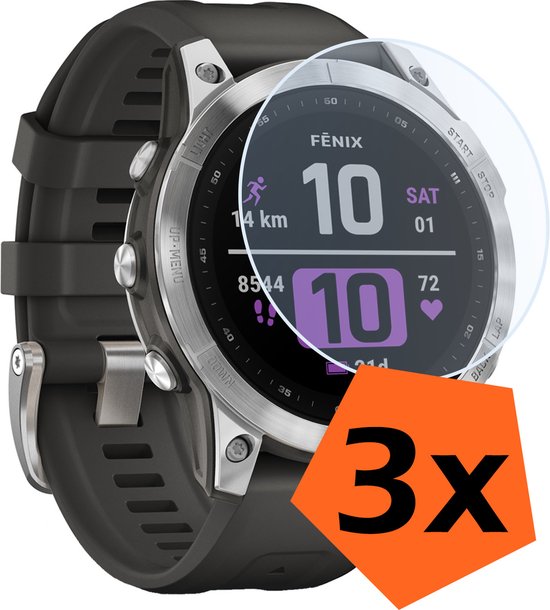 Zilverkleurig sporthorloge met screenprotector, Fenix 10 display, 14 km, 8544 stappen. Oranje '3x' sticker.