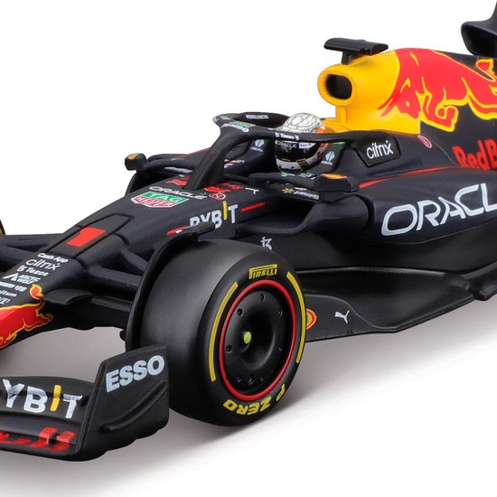 Zwarte Formule 1 auto RB18 met Red Bull logo's, gele neus en 'BYBIT' op de voorvleugel.