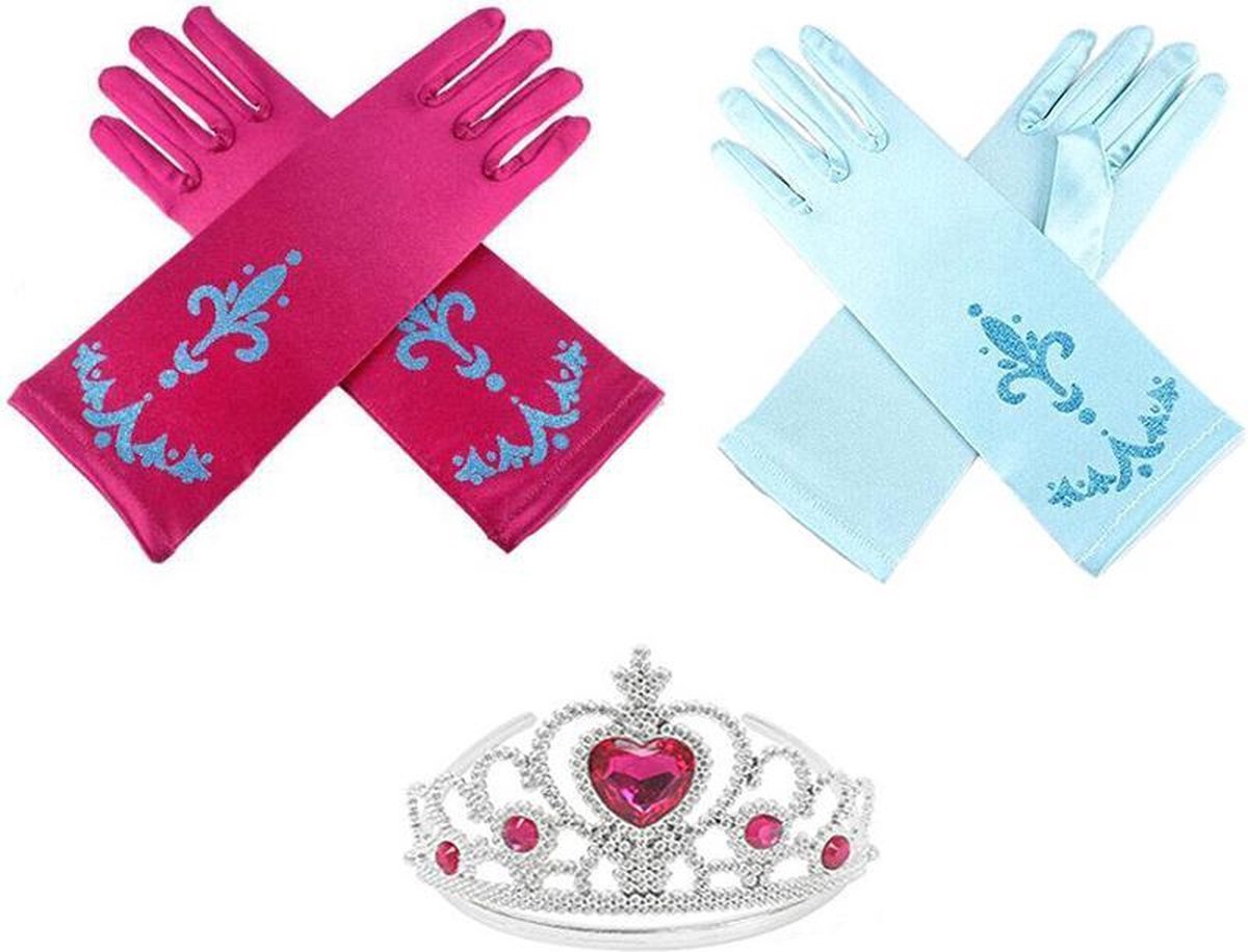 Het Betere Merk - Voor bij je prinsessen verkleedkleding - prinsessenspeelgoed meisje - 3-Pack - handschoenen + Kroon - Tiara - Roze - Blauw