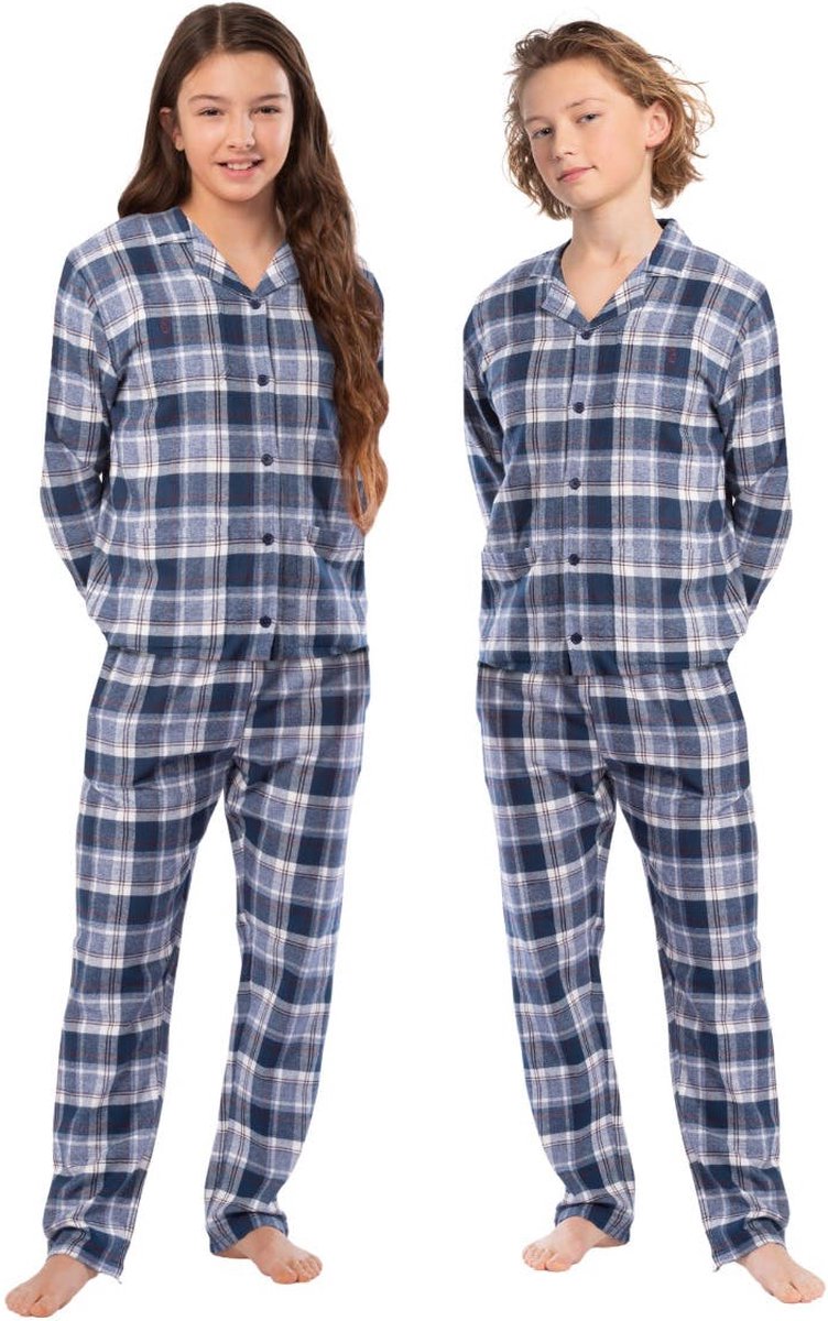 Eskimo Pyjama 100% Katoen Flanel - knoopsluiting - Wit-Blauw - 2 Delig - Maat 140 - Unisex