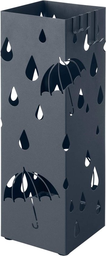 Hoppa! paraplubak - paraplubakhouder - parapluhouder - paraplustandaard - zwart - metaal - vierkant, met wateropvangbakje en 4 haken, 15,5 x 15,5 x 49 cm, antraciet