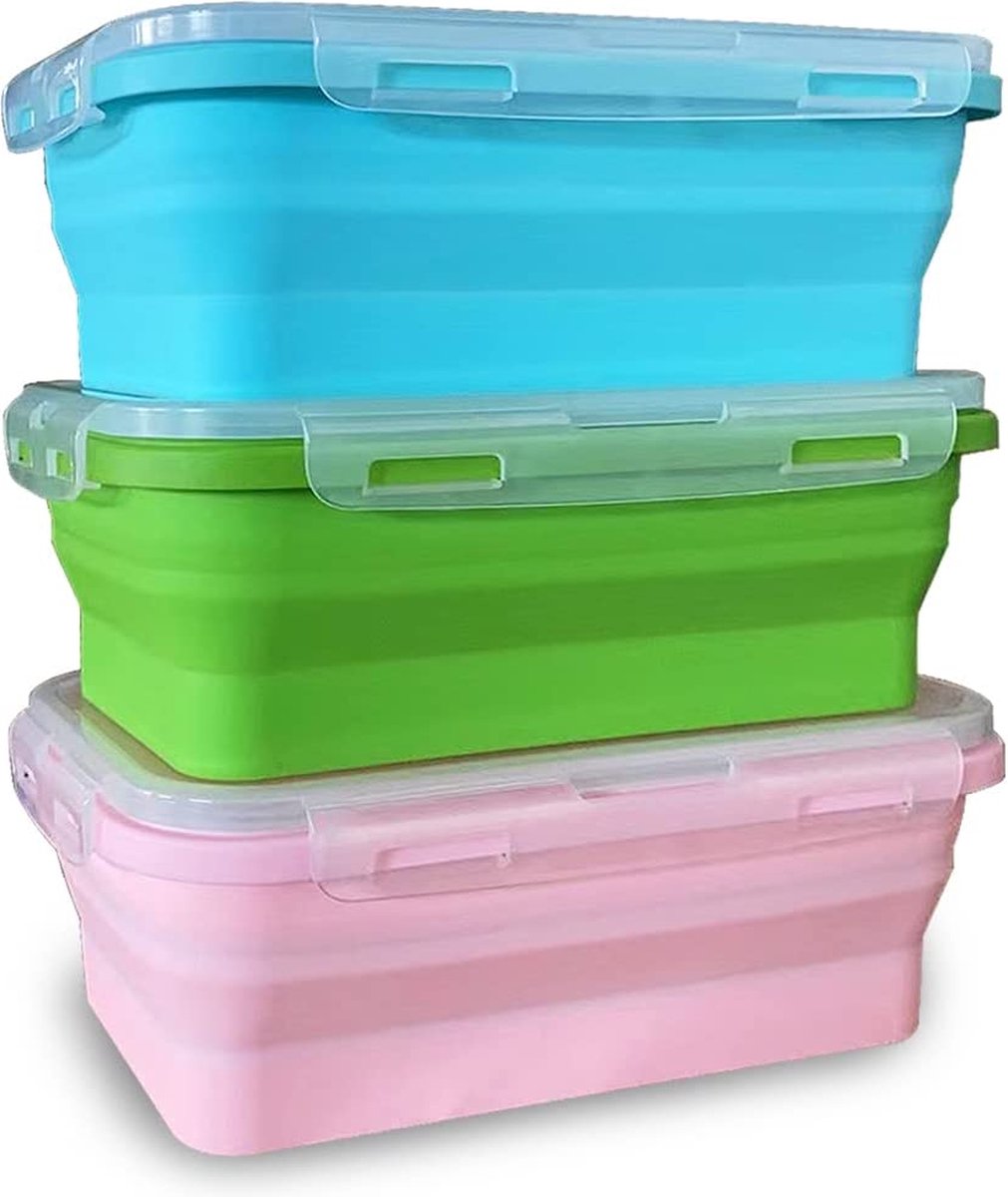 Siliconen voedselopslagcontainers met deksels - 3-pack set 1200 ml siliconen lunchbox herbruikbare ruimtebesparende siliconen containers voor magnetronvriezer vaatwasmachinebestendig BPA-vrij (blauw, roze, groen)