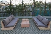 Set van 2 bankjes 180cm & 2 tafels “Sauna” van douglas hout – Taupe kussens – relax bank set – Loungebank – Lage zetel – 6 persoons
