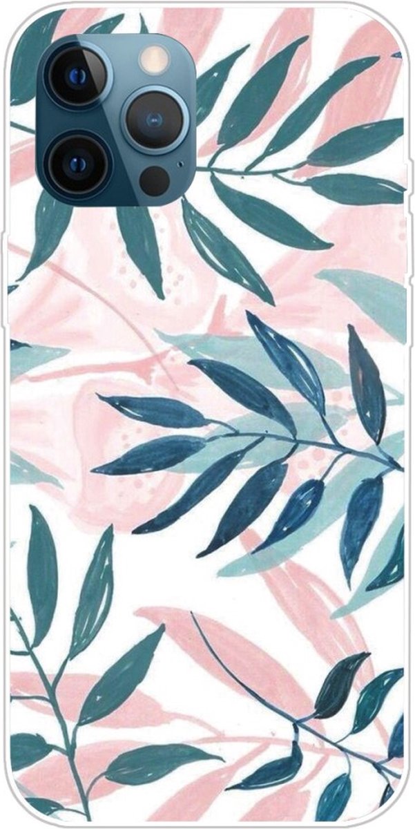 Peachy Tropical leaves TPU pastelgekleurde bladeren hoesje geschikt voor iPhone 13 Pro - roze, groen en wit