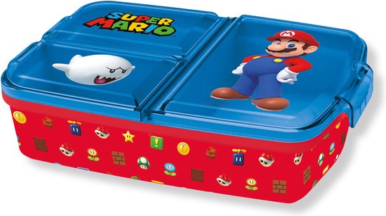 Rode broodtrommel met blauwe deksels, waarop Super Mario en Boo staan. De zijkanten zijn rood met kleine Super Mario iconen.