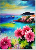 Graphic Message - Schilderij op Canvas - Uitzicht op Zee - Mallorca - Balearen - Zeezicht - Bloemen