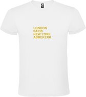 Wit T-shirt 'LONDON, PARIS, NEW YORK, ABBEKERK' Goud Maat XL