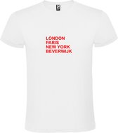 Wit T-shirt 'LONDON, PARIS, NEW YORK, BEVERWIJK' Rood Maat XL