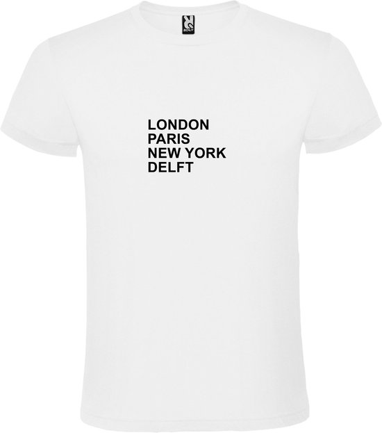 Wit T-shirt 'LONDON, PARIS, NEW YORK, DELFT' Zwart Maat XS