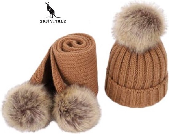 San Vitale® - Bonnet et écharpe enfant - Ensemble hiver - Bonnet d'hiver - Pompon - Camel