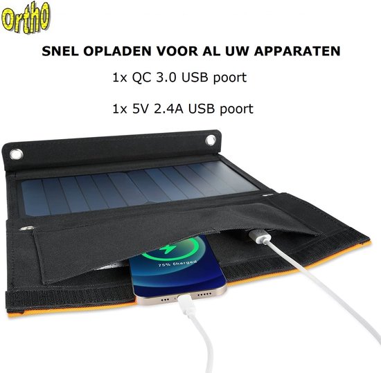 Ortho® - Opvouwbaar Zonnepaneel - Powerbank - Dubbele Aansluiting - Draagbaar Zonnepaneel - Mobiele Telefoon Oplader - Tablet Oplader - USB-Lader - Camping - Camper - Solar Panel - Ortho