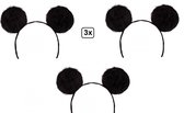 3x Diadeem grote pluche oren zwart - Carnaval Hoofddeksel thema feest fun party muizen Mickey