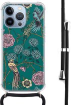 Hoesje met koord geschikt voor iPhone 13 Pro - Vogels Japanse bloemen - Inclusief zwart koord - Crossbody beschermhoes - Transparant, Groen - Mooie Telefoonhoesjes