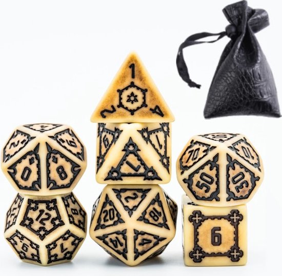 Afbeelding van het spel Lapi Toys - Dungeons and Dragons dobbelstenen - D&D dobbelstenen - D&D polydice - 1 set (7 stuks) - 25 mm - Inclusief kunstleren bewaarzak - Beige