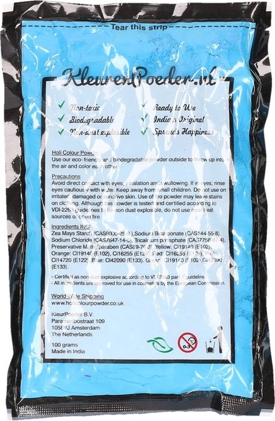 Zakje met Holi kleurpoeder - lichtblauw - 100 gram - feestartikelen - Heilig Indiaas kleuren poeder