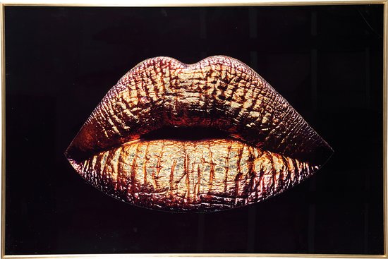 Melani Wanddecoratie glas kunst zwart met Gouden Lippen - Glass Art Wall picture black with gold lips 120 x 80