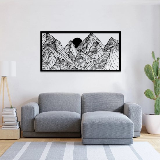 Unieke Handgemaakte Bergen Landschap, Wanddecoratie, Kunst met 3D effect 50 x 101 cm Zwart